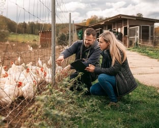 Mandant erklärt Trainee eine Besonderheit des Hofes und zeigt dabei auf Hühner.