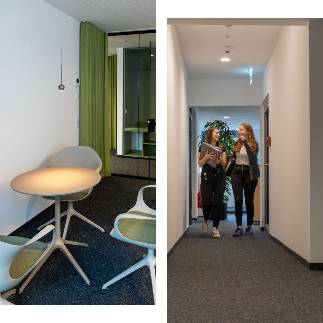 Stimmungsbild zwei Azubis laufen gemeinsam durch das Büro.