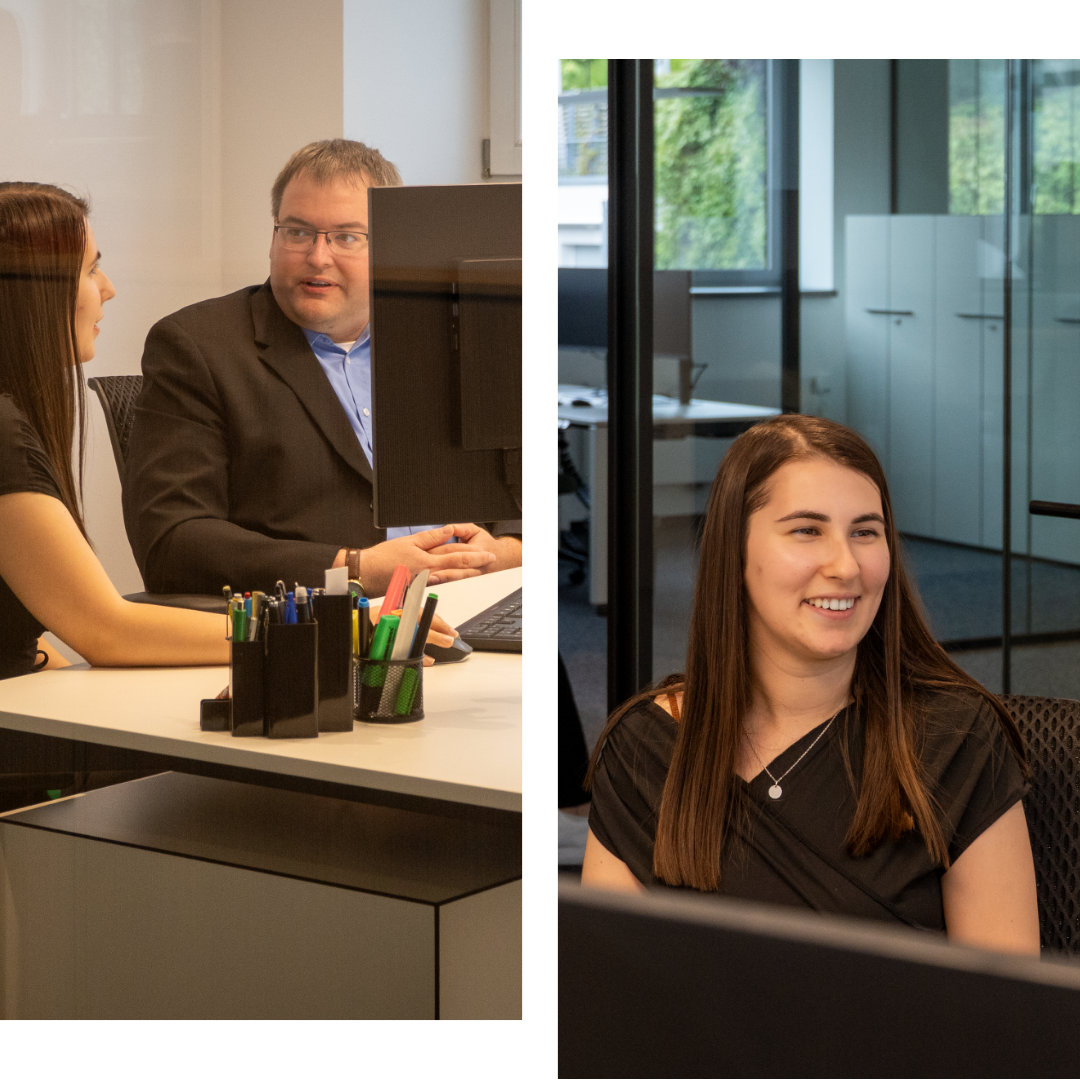 Stimmunsbild Duale Studentin mit Ausbildungsleiter beim Anleitungsgespräch im Büro.