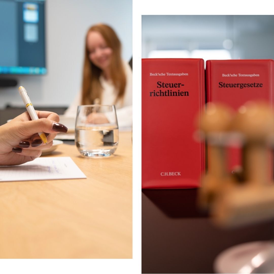 Stimmungsbild Studierende im Meetingraum sowie Steuergesetzbücher.